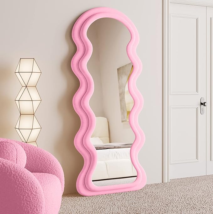 BOJOY Full Length Mirror 63"x24", Irregular Wavy Mirrors, Wave Arched Floor Mirror, Wall Mirror Standing Hanging or Leaning Against Wall for Bedroom, Flannel Wrapped Wooden Frame Mirror-Pink