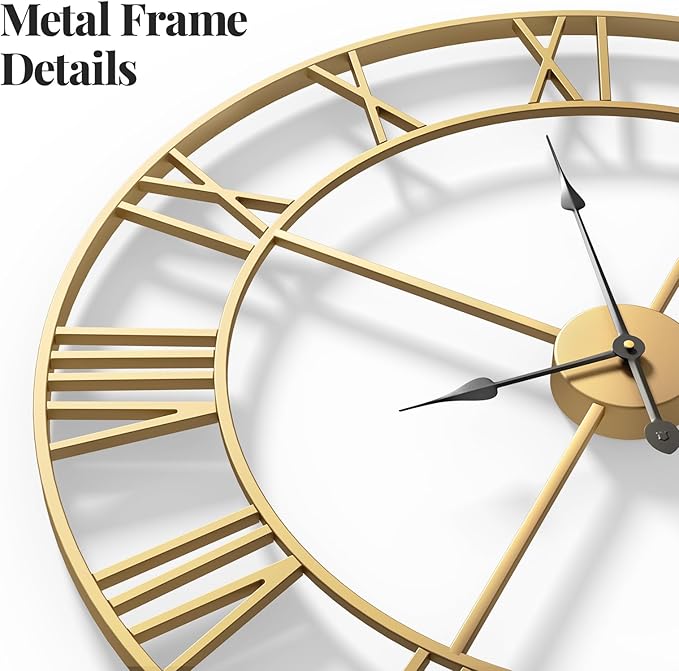 Cuspin Large Wall Clock 36 Inch Gold Wall Clock Battery-Operated, Modern Metal Roman Numeral Decorative Clock for Living Room Decor, Dinning Room, Office, Kitchen, Mantel, Home Decor