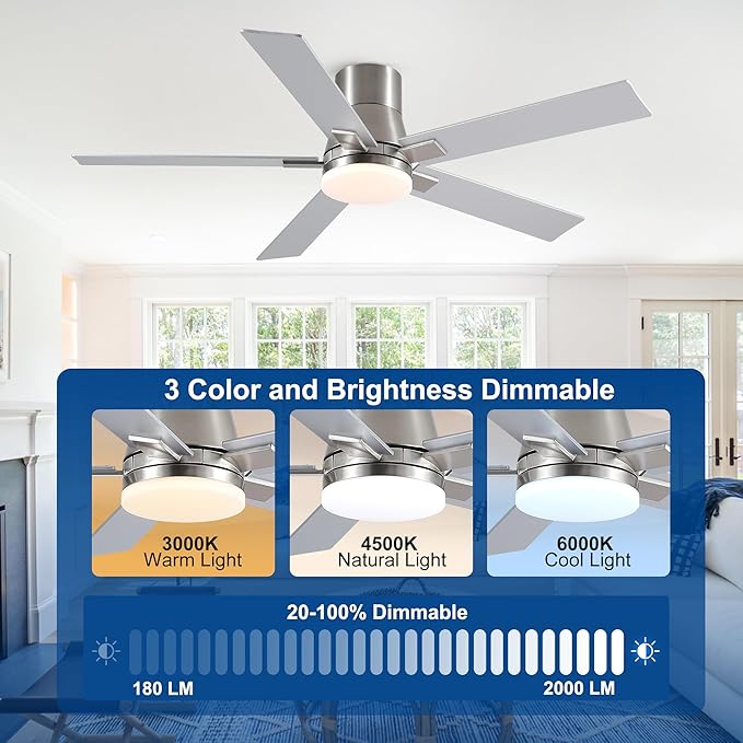 Rayqueen 52 Inch Ceiling Fans with Lights and Remote,Flush Mount Brushed Nickel Ceiling Fan,6 Speed Reversible DC Motor,3CCT Dimmable LED-Low Profile Design for Bedroom, Living room & Covered Outdoor