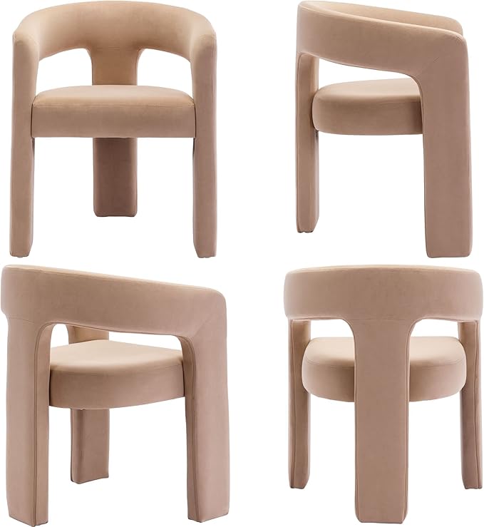 Set of 4 Modern Velvet Fabric Upholstered Dining Chairs with Open-Back, Cute Barrel Side Chairs Kitchen Armchair Accent Chairs for Dining Room Bedroom, Khaki