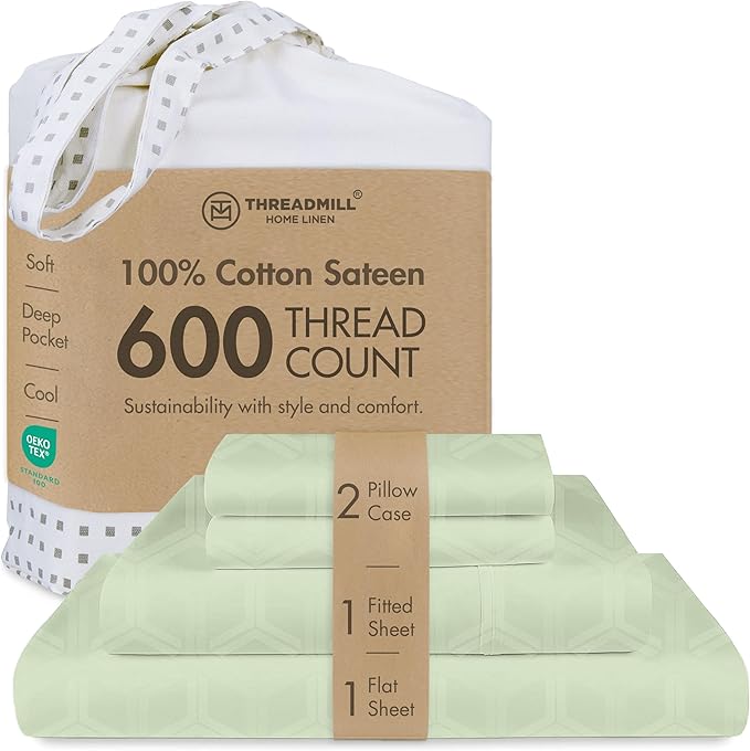Threadmill 100% Cotton Sheets for King Size Bed - 600 Thread Count King Bed Sheets Set with 16” Deep Pocket - Jacquard Sateen Weave 4-Piece Bedding Set with Cooling Effect, Sage Green