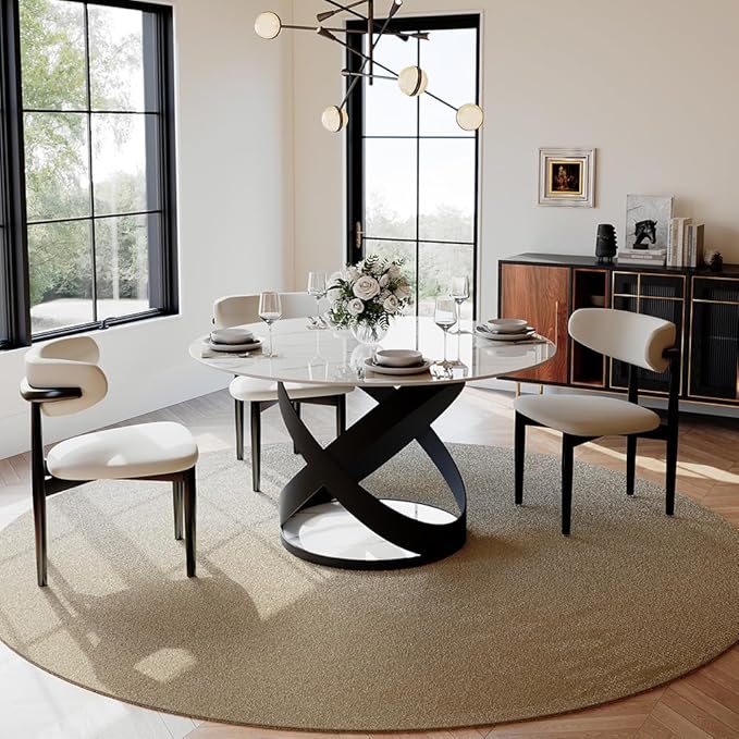 POVISON 51" Modern Dining Table, Glossy White Round Dining Table for 6, Sintered Stone Dining Tabletop with Black X Carbon Steel Base (Table Only)