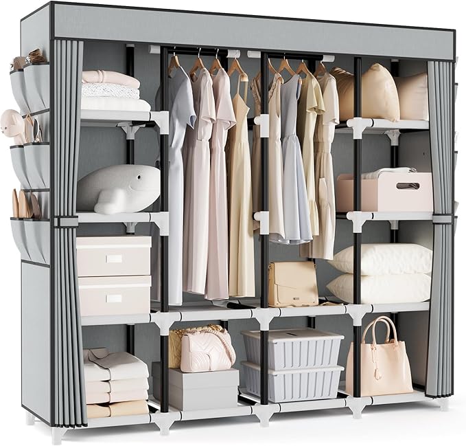 VTRIN Portable Closet, 69 Inch Wide Wardrobe Closet for Hanging Clothes, 19mm Metal Pipe,Sturdy Clothes Rack with Cover, 2 Hanging Rod,12 Shelves, 6 Pocket, Free Standing Closet for Bedroom