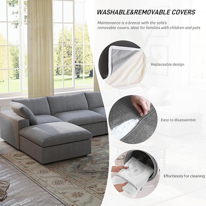 Cloud Modular Sectional Sofa Couch,160.6" U Shaped Convertible Couches with Storage Ottoman for Living Room,Minimalist Deep Sofa Couches,Sofa Covers Washable&Replaceable(Grey)