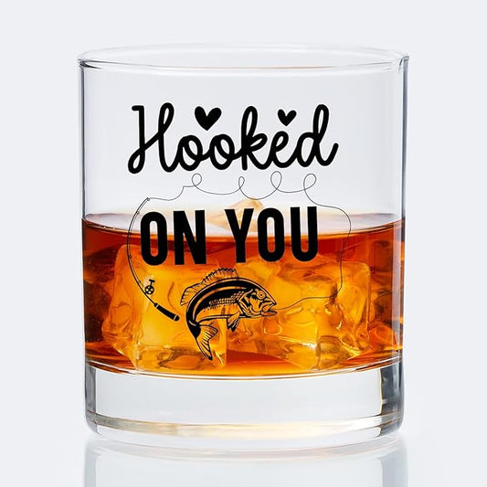 Fishing Lovers Gifts Old Fashioned Whiskey Glasses, Fishing Gifts for Couples, Hooked On You 10 oz Rocks Barware Cup for Cocktail Drinks Scotch Bourbon Liquor