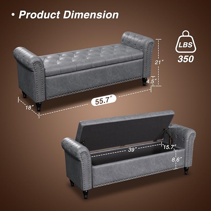 55 Inch Bedroom Bench, End of Bed Bench with Storage, Bed Benches for Foot of Bed, Faux Leather Window Bench with Rolled Arms, Upholstered Storage Bench with Tufted Button and Nailhead Trim, Gray