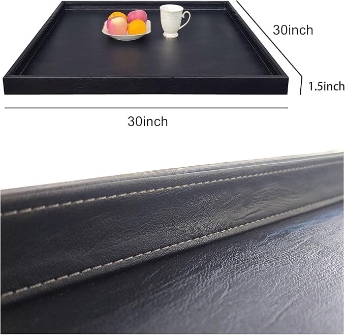 30 * 30 inches Luxury Leather Square Oversized Service Tray, Ottoman & Coffee Tray for Family Dinner, Out-of-House Picnic & Party (30 inch Black)