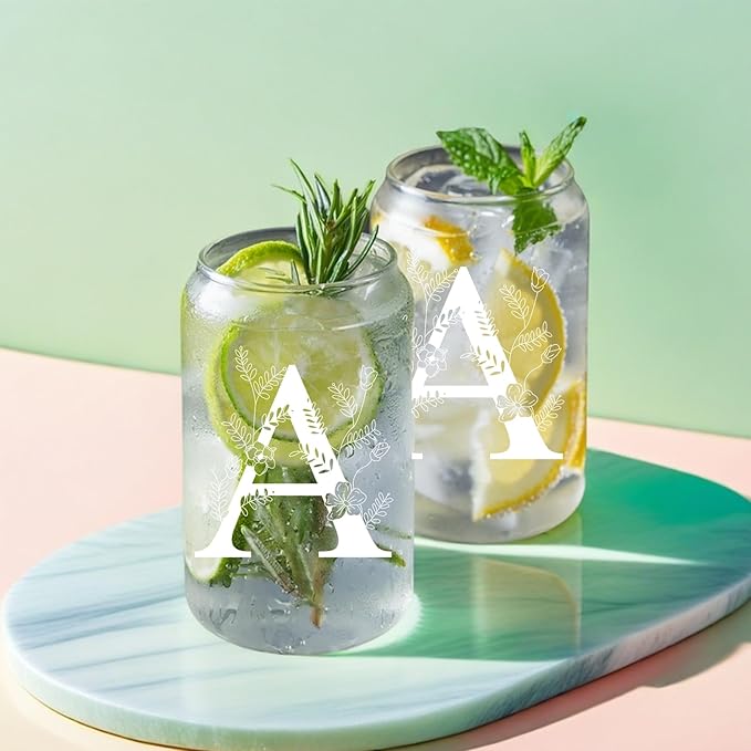 Unique Initial Glass Cup with Lids and Straws, Monogrammed Gifts Box Included Makeup Bag, Christmas Birthday Gifts for Women Mom Sister Grandma, A