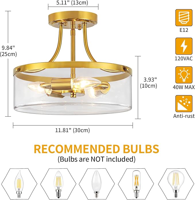 11.81" Brushed Gold Semi Flush Mount Ceiling Light, Modern Glass Entryway Light Fixture, Hallway Light Fixtures, 3-Light Drum Ceiling Lamp for Bedroom Kitchen Island Laundry Dining Room, UL Listed