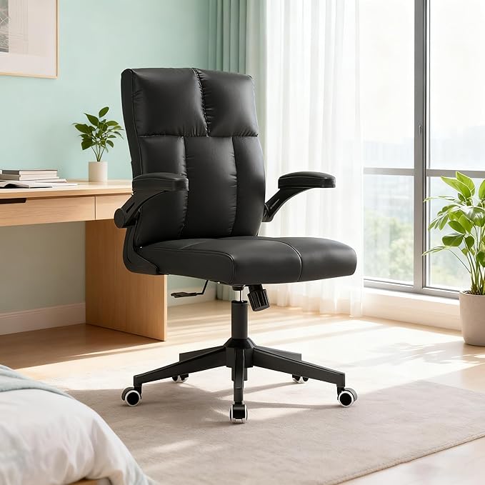 Computer Chair,Ergonomic Home Office Desk Chair with Space Saving Flip-Up Arms, 360° Swivel & Reclining Back, High-Back Executive Chair in Soft Faux Leather Chair Multi-Angle from 90° to 135°（Gray）