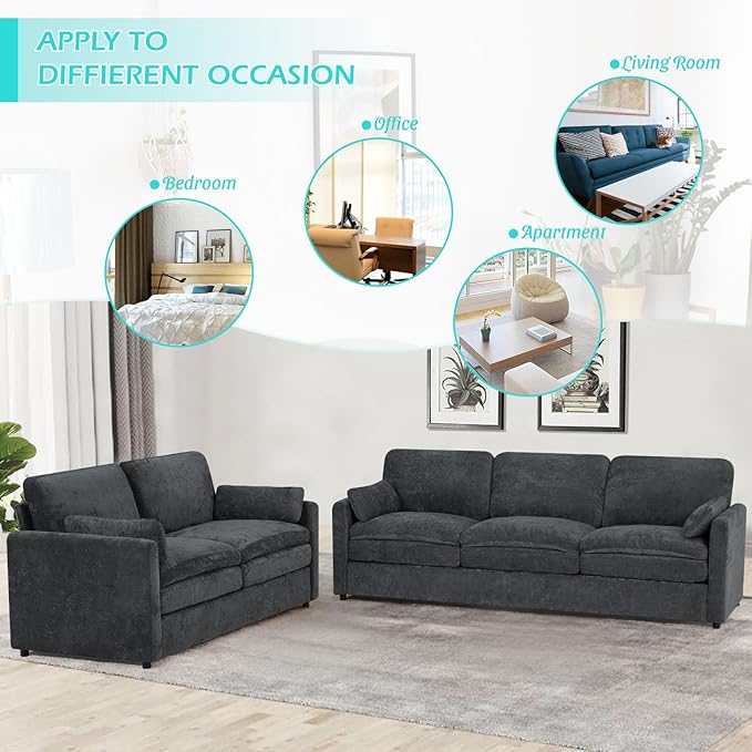 69” Chenille Loveseat Sofa w/Arm Pillows, Upholstered 2-Seater Sofa w/Comfortable Back Cushions, Modern 2 Seats Couch w/High-Density Foam for Living Room, Apartment, Office, Grey