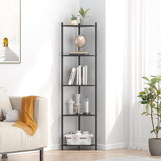 Wisuce Corner Shelf Stand - 5 Tier Black Bamboo Small Corner Bookshelf for Office Kitchen Bedroom Plant Stand Living Room Decor Small Space