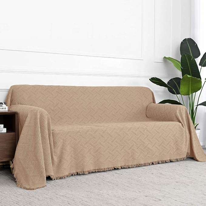 MYSKY HOME Sectional Sofa Covers, Couch Cover for 2 Cushion Couch, Geometrical Couch Cover Living Room Sofa Throws Sofa Slipcovers for Pets, & Kids (X-Large, 71" x 118", Khaki)