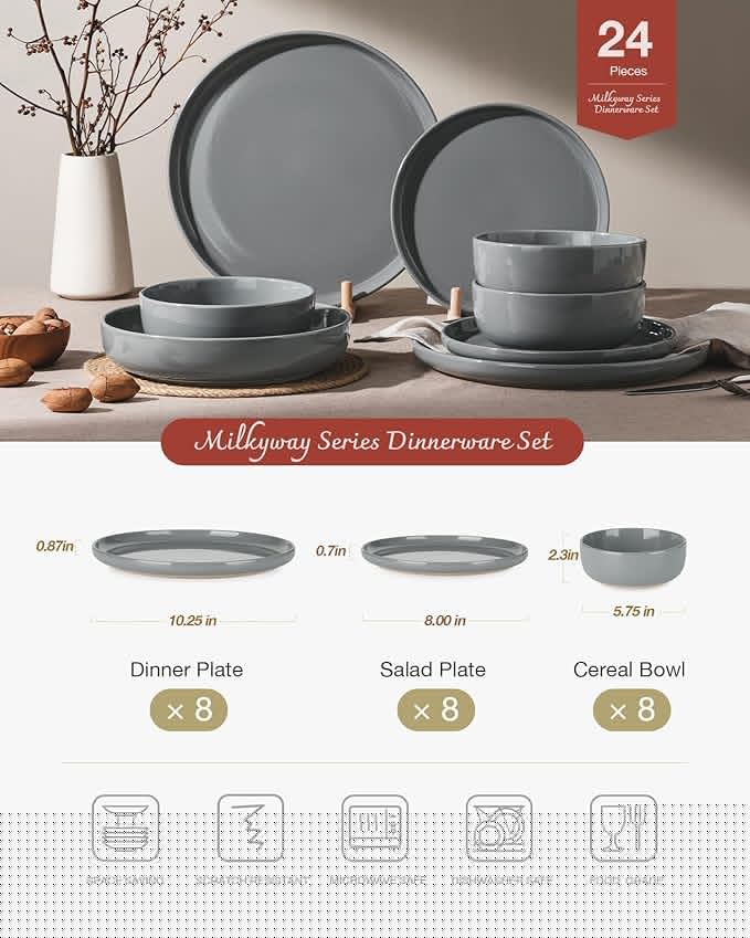 Famiware Milkyway Dinnerware Sets, 24 Piece Dish Set, Plates and Bowls Sets for 8, Dark Gray