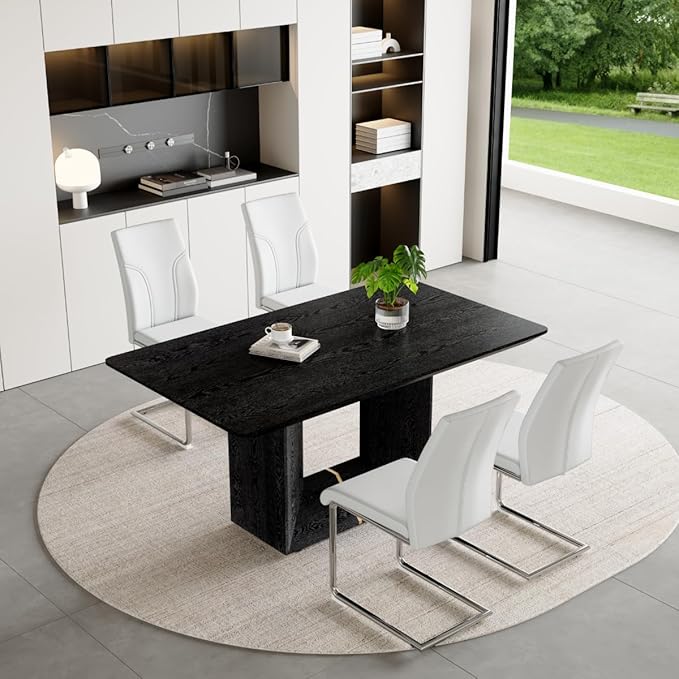63" Modern Black Dining Table Set for 4 with Chairs, 5 Piece Rectangular Dining Room Table and 4 PU Leather Chairs, Kitchen Dining Set with Matte Wood Finish, Geometric Base, Easy Assembly