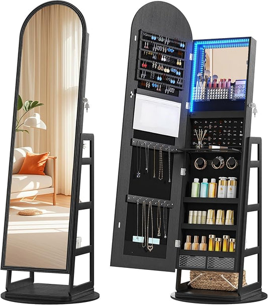 HWB Black Mirror Jewelry Cabinet with Storage, Arched Jewelry Armoire w/Full Length Mirror & 360° Swivel, Standing Jewelry Holder Organizer with Rear Storage Shelves & Hooks, Lockable