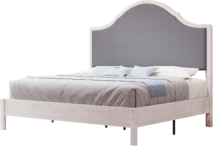 Jocisland Queen Size Bed Frame with Tall Upholstered Curved Headboard, Solid Wood Platform Bed, No Box Spring Needed, Wood Slat Support, Easy Assembly, White