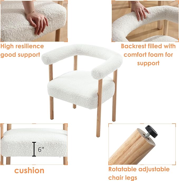 Mid-Century Modern Dining Chairs Set of 6, Armrest Barrel Dining Chairs Side Accent Chairs with Curved Back, Upholstered Wood Armchairs for Kitchen/Dining Room, Sherpa White