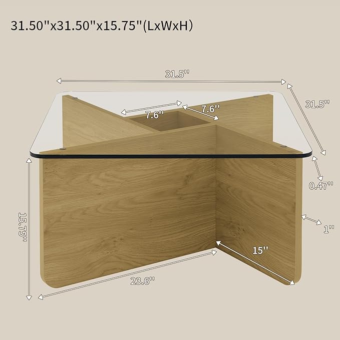 LKTART 31.5" Glass Coffee Table, MDF Mid-Century Modern Square Coffee Table with Tempered Glass Top, Square Center Tables for Small Space Living Room Office Apartment, Wood