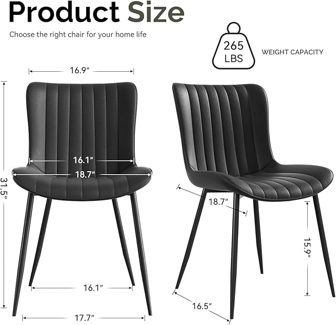 Dining Chairs, Modern Dining Room Chair 16 inch Leather with Wooden and Metal Frame, Set of 4 (Black)