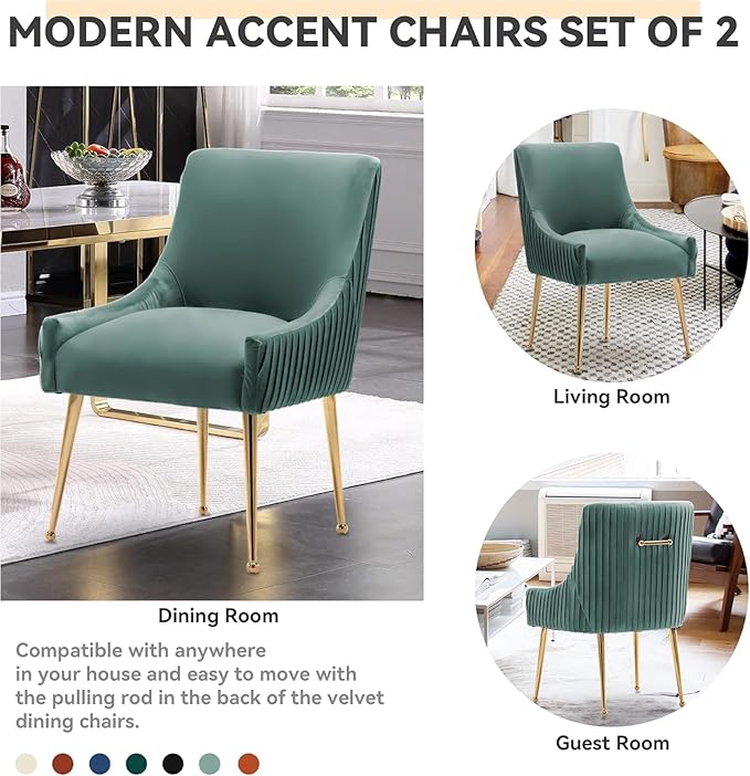 Dining Chairs, Accent Chairs Set of 4, Modern Upholstered Kitchen Dining Room Chairs with Gold Legs, Fabric Tufted Velvet Living Room Chairs for Reception Room Bedroom Guest Room (Green)