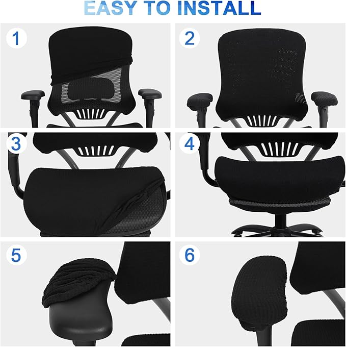 Tallew 4 Pcs Office Chair Covers Set Computer Universal Protective Stretchable Chair Seat Covers Desk Armrest Slipcovers Pads Office Cushion Backrest for Rotating (L,Black)