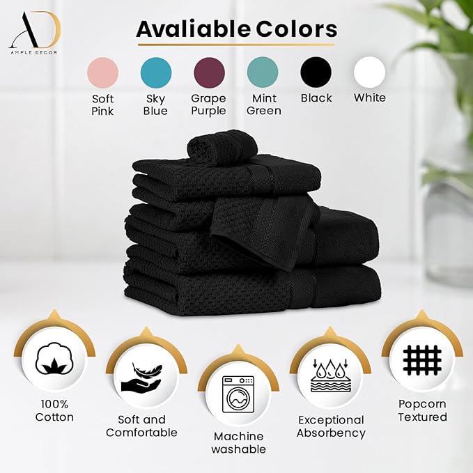 Ample Decor Washcloth Set of 200 Black 100% Cotton - Qucik Dry Popcorn Textured - Mulaayam Collection - 12 X 12 Inch