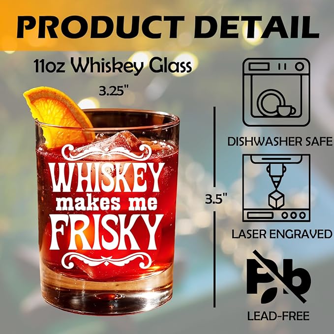 Whisky Lovers Gifts Old Fashioned Whiskey Glasses, Whisky Gifts for Women Men, Whiskey Makes Me Frisky 10 oz Rocks Barware Cup for Cocktail Drinks Scotch Bourbon Liquor