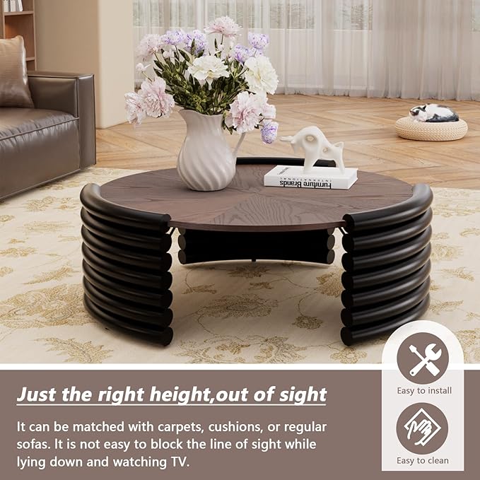 36" Round Coffee Table for Living Room Mid Century Modern Vintage Circle Coffee Table Center Tables Fluted Accent Tea Tables for Apartment Living Room