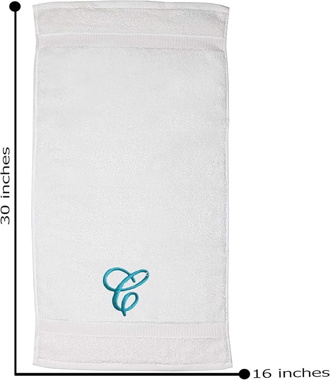 White Monogrammed Hand Towels for Bathroom - Luxury Hotel Quality Personalized Initial Embroidered Towel for Powder Room, Spa - GOTS Organic Certified - Set of 2 Teal Letter C