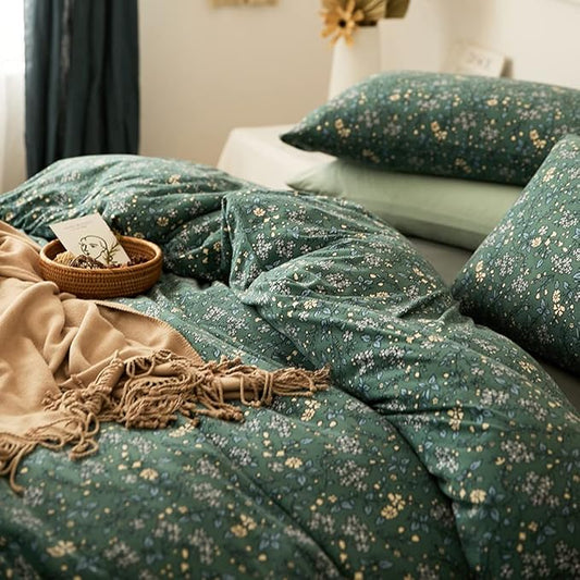 LifeTB Jersey Knit Cotton Duvet Cover Twin Green Floral Bedding Sets 100% T Shirt Cotton Botanical Bedding Garden Chic Knit Cotton Comforter Cover Vintage Floral Duvet Cover