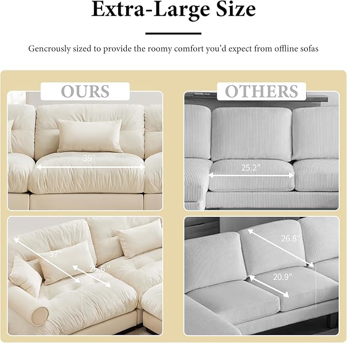130" Oversized Couch, 3 Seater Modular Sectional Sofa, Beige White Large Sectional Couches for Living Room, Fluffy Couch Set, 3 Seater Velvet Cloud Couches with 5 Pillows, Deep Seat for Living Room