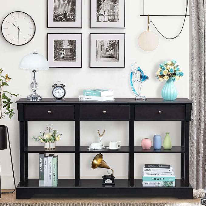 Karl home Console Table with 3 Drawers, 58" W Entryway Desk Sofa Side Table with 6 Bottom Cube Storage Shelves, Vintage TV Stand for Hallway Living Room Office, Black 32.5" H