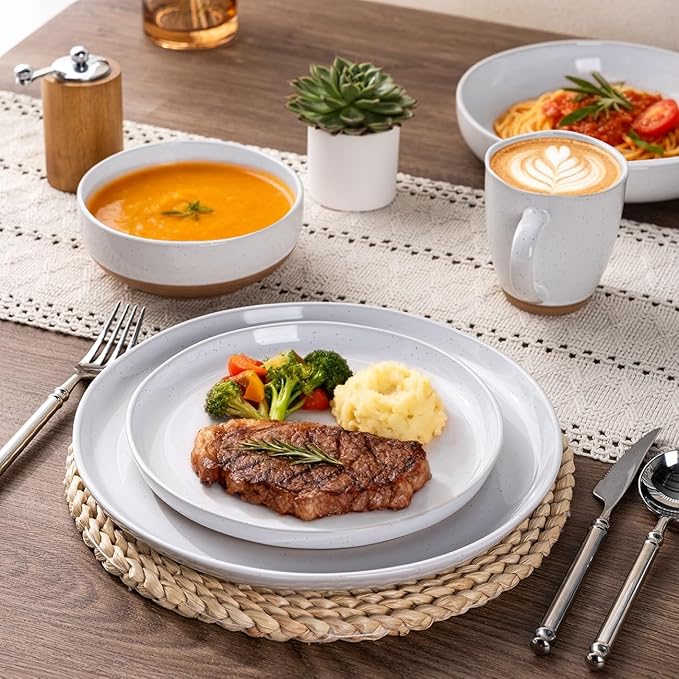 AmorArc Ceramic Dinnerware Sets for 6, 18 Pieces Handpainted Plates and Bowls Set with Rustic Terracotta Underside, Scratch Resistant Stoneware Dishes Set, Dishwasher & Microwave Safe, White