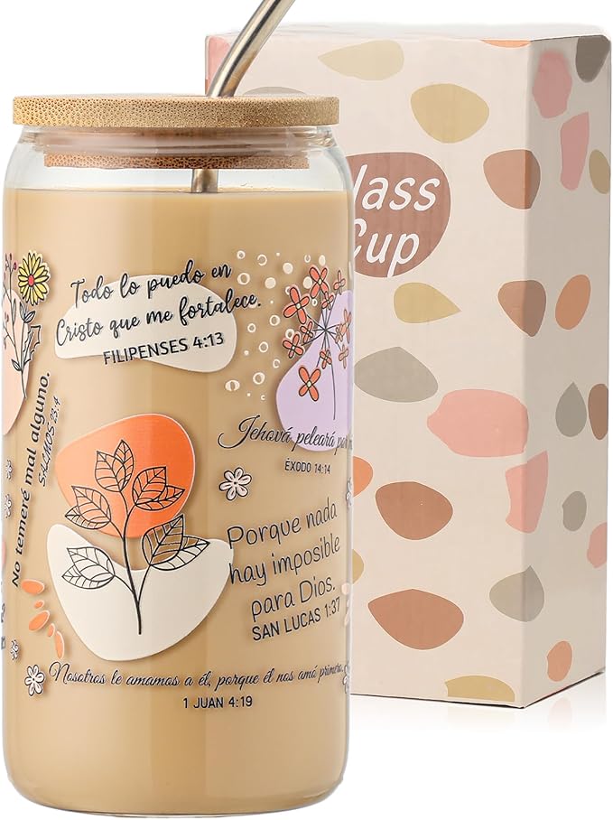 Spanish Bible Verse Coffee Mugs - Christian Gifts for Women, 16oz Religious Glass Tumbler with Lid & Straw, Inspirational Spanish Scriptures, Birthday & Christmas Gift for Mom Wife Friends