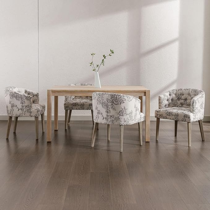 DUOMAY Modern Tufted Dining Chairs Set of 2, Linen Upholstered Side Chair, Comfy Accent Barrel Chair with Wood Legs for Home Kitchen Dining Room Living Room Restaurant, Beige Flower Pattern