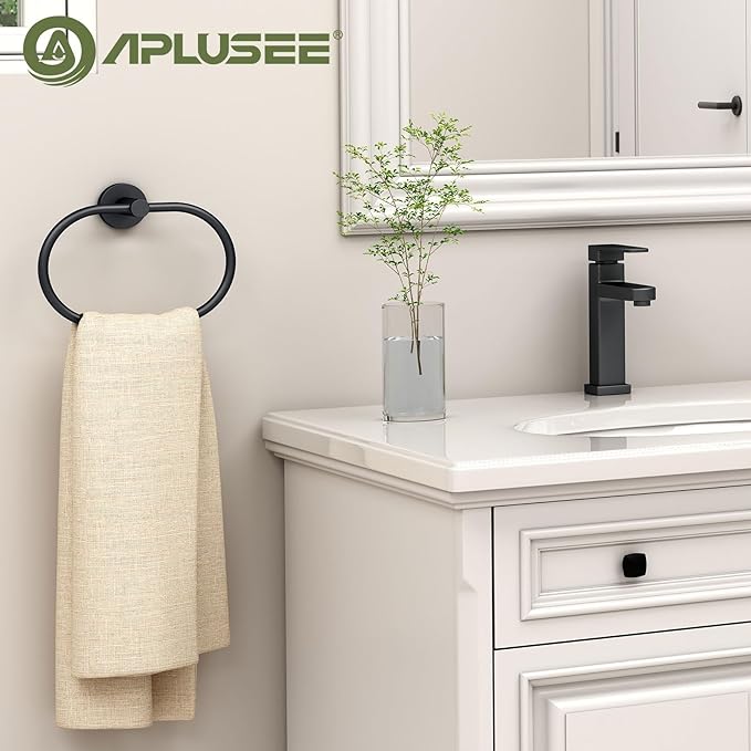 APLusee Matte Black Towel Ring, Stainless Steel Oval Hand Towel Holder for Bathroom Kitchen, Wall Mounted