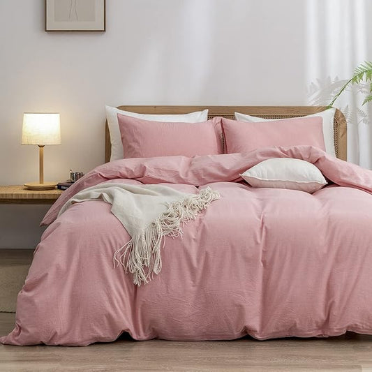 BESTOUCH Duvet Cover Set 100% Washed Cotton Linen Feel Super Soft Comfortable Chic Lightweight 3 PCs Home Bedding Set Solid Red Pink Cal King
