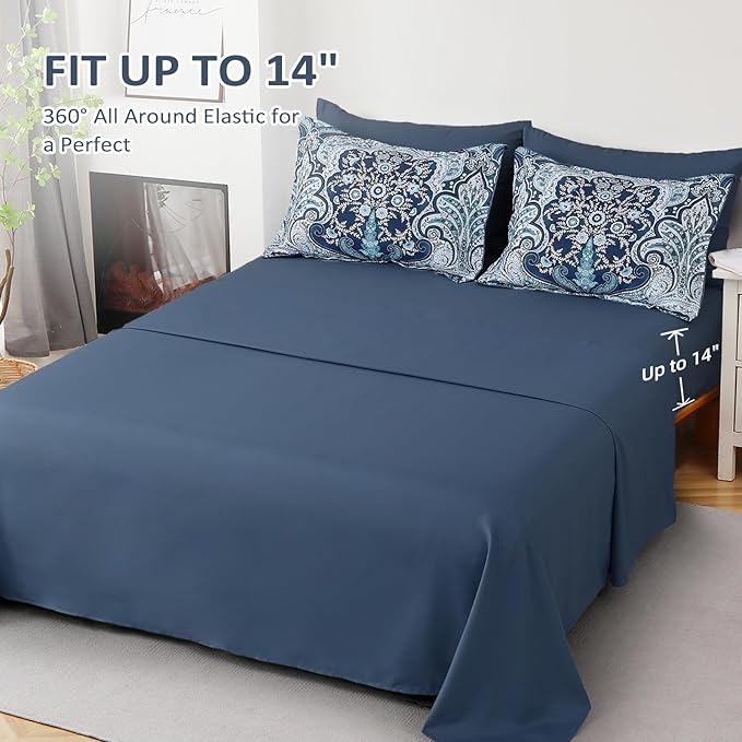 Drucon Paisley Comforter Set Queen Size, 7 Pieces Bed in a Bag Blue Boho Comforter, Soft Lightweight Microfiber Bedding Set (1 Comforter, 1 Flat Sheet, 1 Fitted Sheet, 2 Pillow Shams, 2 Pillowcases)