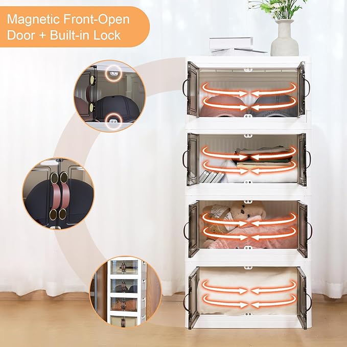 MOONEDGE 140QT Stackable Plastic Storage Bins with Lids & Handles, Foldable Collapsible Closet Organizer with Magnetic Doors and Side Locking, 4 Pcs for Living Room, Office, Garages