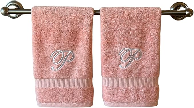 Pink Monogrammed Hand Towels for Bathroom - Luxury Hotel Quality Personalized Initial Embroidered Towel for Powder Room, Spa - GOTS Organic Certified - Set of 2 White Letter P