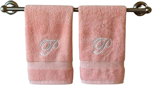 Pink Monogrammed Hand Towels for Bathroom - Luxury Hotel Quality Personalized Initial Embroidered Towel for Powder Room, Spa - GOTS Organic Certified - Set of 2 White Letter P