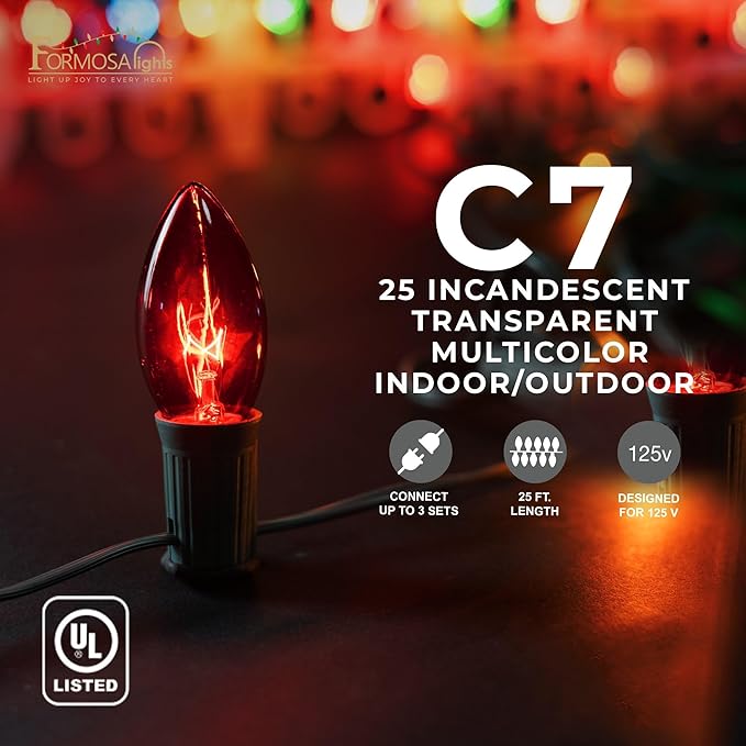C7 26ft Indoor/Outdoor Transparent Multicolor Incandescent Christmas String Lights with 25 Bulbs | 120V, 5W