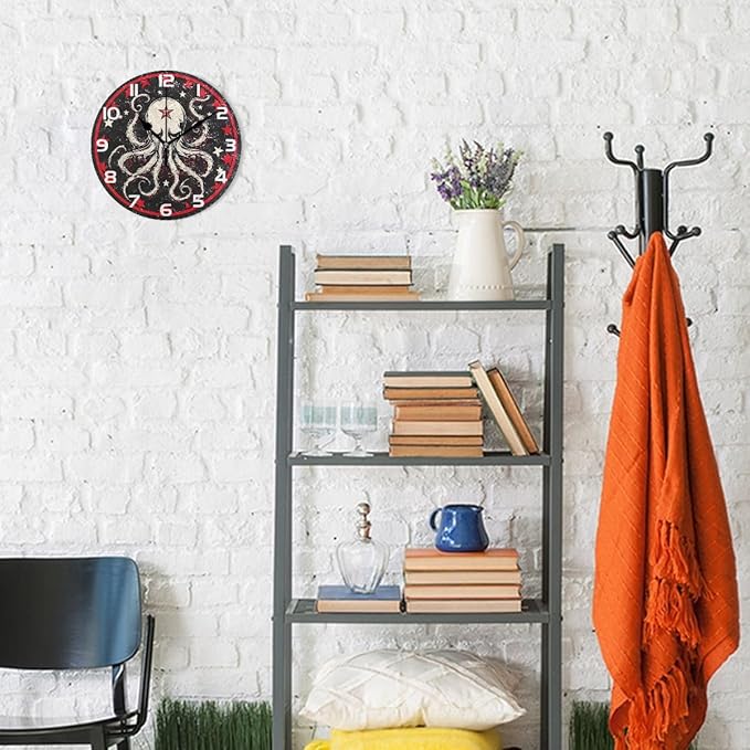 Bolaz Wall Clocks Decorative Bedroom Silent Living Room Desktop Octopus Star Tabletop Shelf Clocks Round Battery Operated 10 Inch Non-Ticking