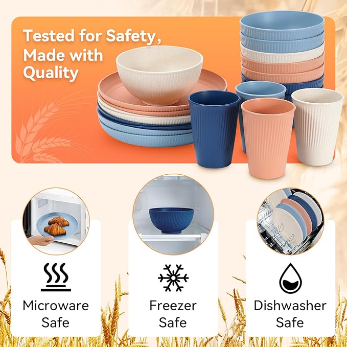 Wheat Straw Dinnerware Sets,64-Piece Plates and Bowls Sets for 8-Unbreakable,Reusable Plastic Dish Set-Dinner Plate/Dessert Plate/Cereal Bowl/Cup/Utensils-Microwavable Dishwasher Safe 64P-Deep Gray