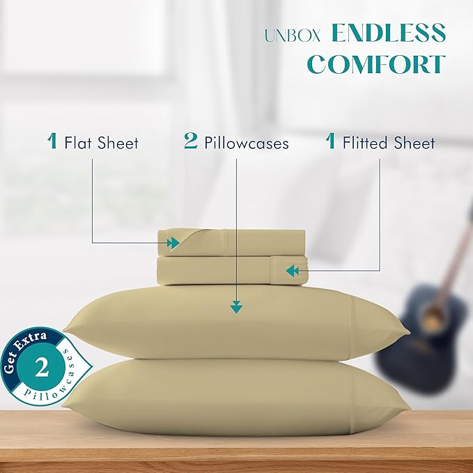 XOOX Linen 100% Egyptian Cotton Sheets King Size - 1200 Thread Count King Size Sheets Set Egyptian Cotton, 4 PC Luxury Bedsheet (Beige), Soft, Cooling, 17" Deep Pocket Sateen Weave Bedsheet Set