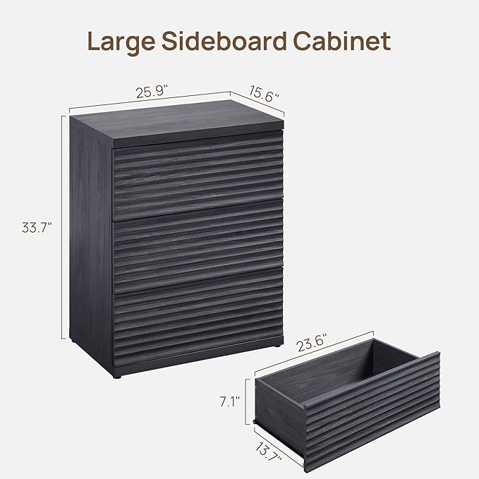 SICOTAS Sideboard Buffet Liquor Cabinet with Storage, Modern Fluted Credenza Coffee Bar Storage Cabinet with Larger Drawers, Mid Century Media Console for Kitchen Hallway, Dark Grey Alder (3 PCS)