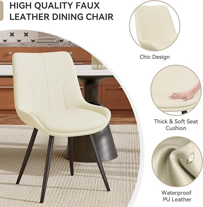 Upholstered Dining Chairs Set of 2, Modern Faux Leather Dining Room Chairs with Thick Cushion and Metal Legs, Kitchen Chairs with Back for Dining Room, Cream