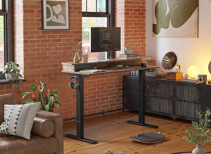 FEZIBO 40 x 24 Inch Height Adjustable Electric Standing Desk with Double Drawer, Computer Desk, Home Office Stand Up Table with 4 Height-Adjustable Feets & 2 Hooks, Rustic Brown