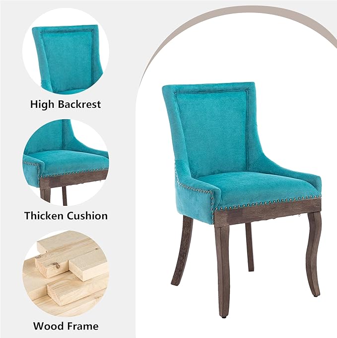 Farmhouse Dining Chairs Set of 4, Upholstered Fabric Dining Room Accent Chairs with Wood Legs & Bronze Nailhead, High Wingback Kitchen Chairs for Living Room Hotel Apartment, Blue